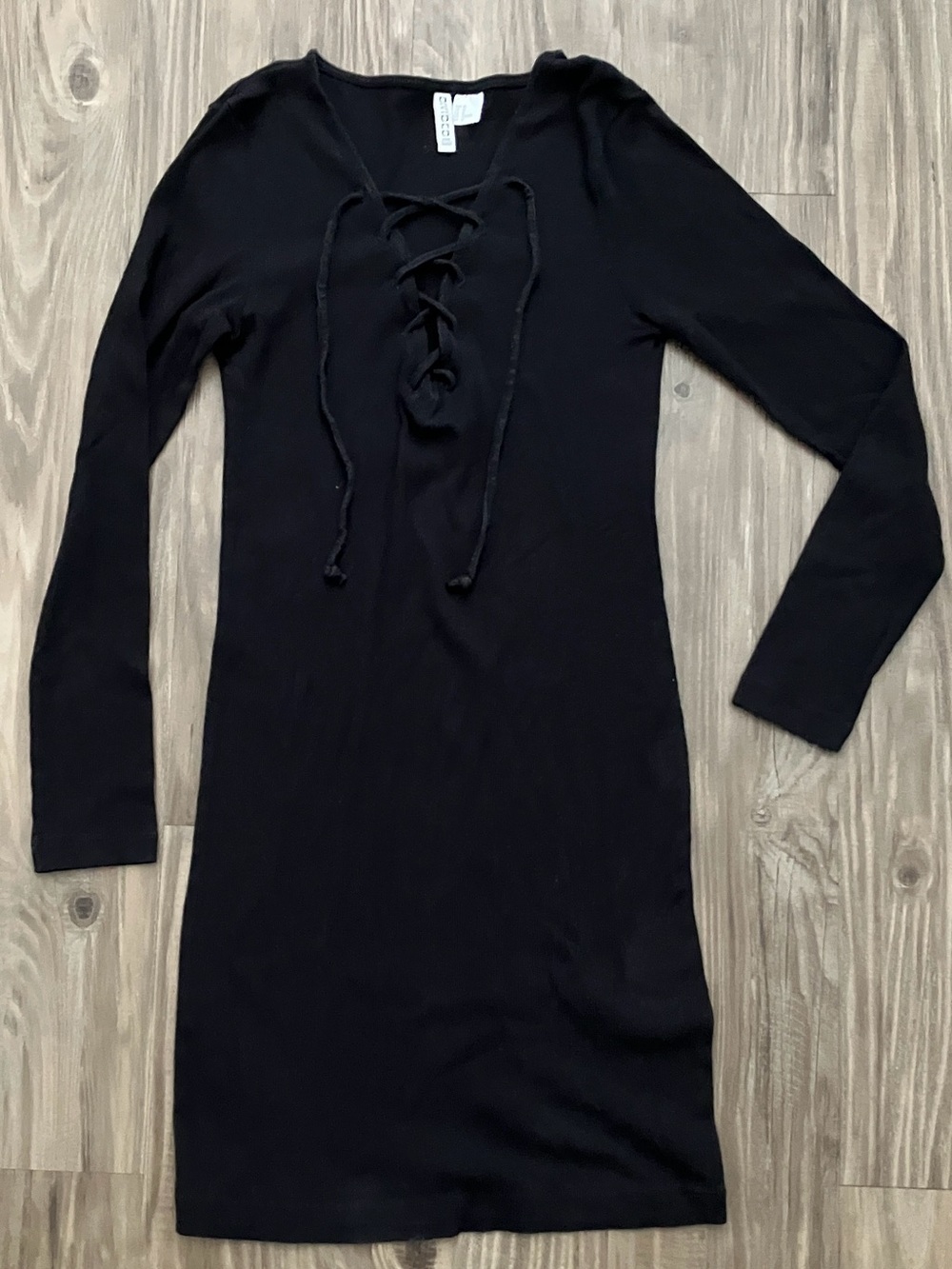 Divided Black Lace-Up Ribbed Long Sleeve Dress